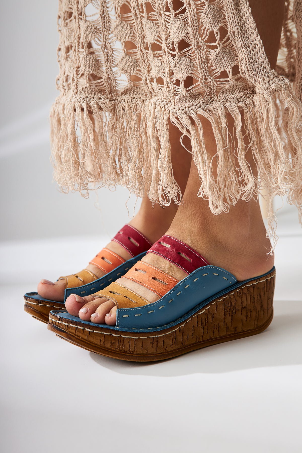 Echtes Leder Etta Denim-Blau Senf Puder Lila Laser Schnitt Damen Pantoletten (Voll Orthopädische Pantoletten)