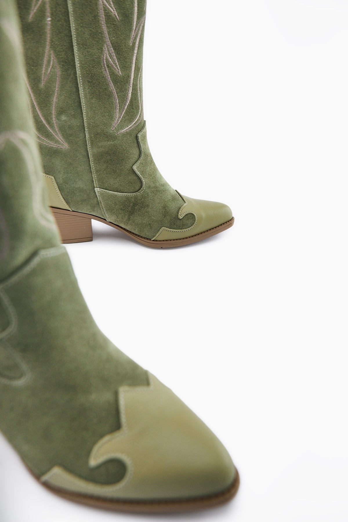 Lara Genuine Leather Olive Suede Embroidered Leather Detailed Heeled Western Boot