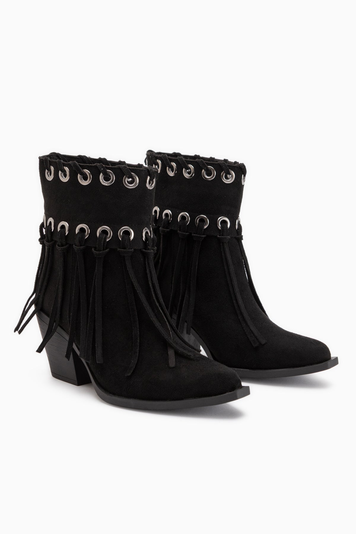 Nessa Schwarze Wildleder Fransen Dicke Absatz Damen Cowboy Stiefel