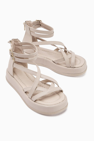 Sara Cross-Strap Nude Women's Sandal with Thick Sole and Ankle Buckle