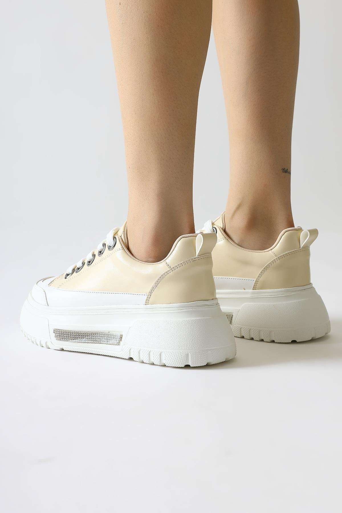 Rosella Beige Thick Soled Stone Detailed Lace-Up Sneakers