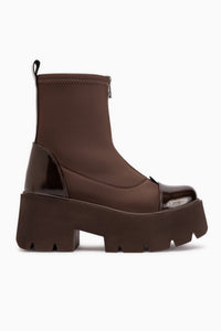 Narisa Braun Lack Vorderreißverschluss Damen Stretch Stiefel