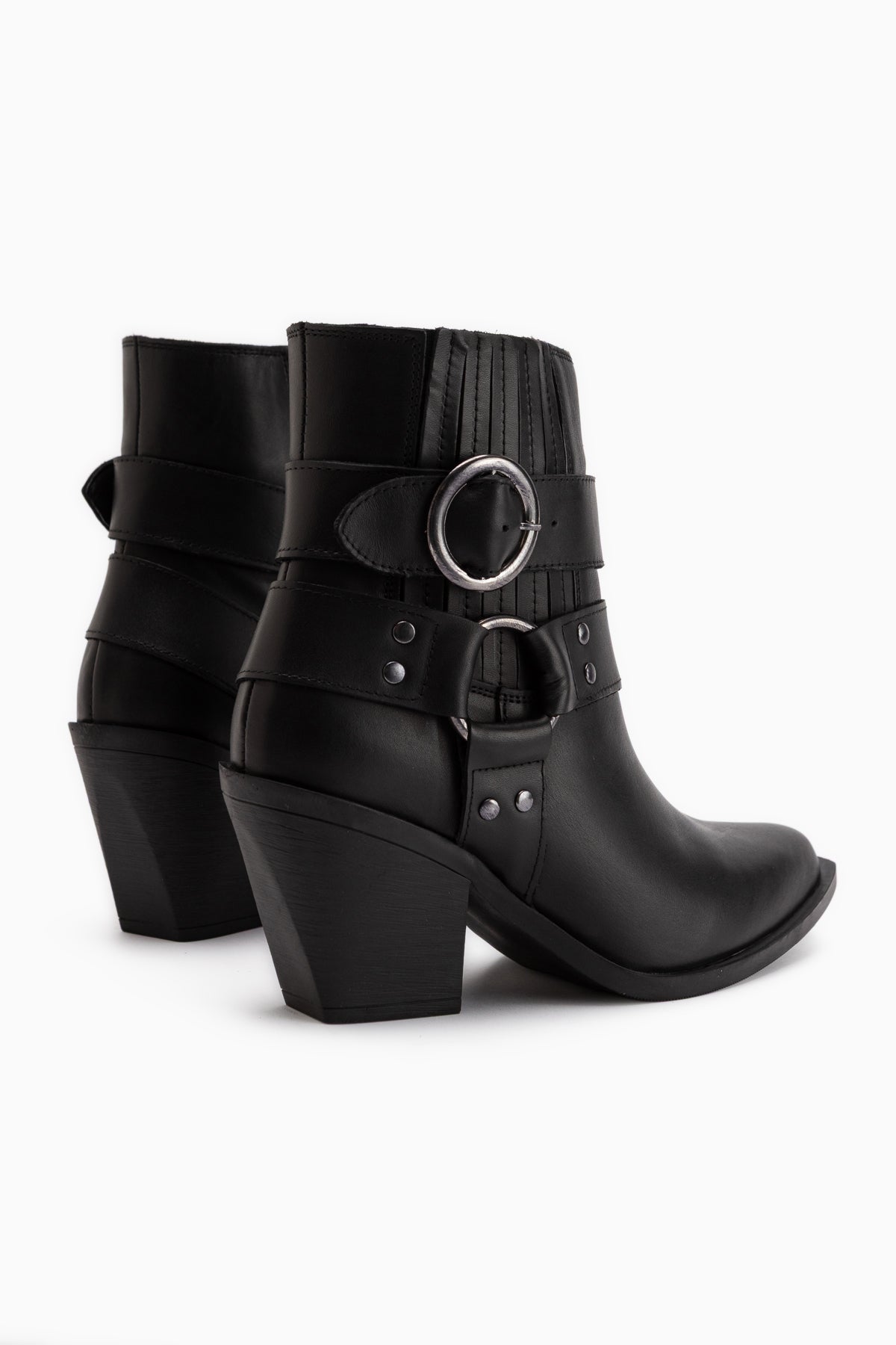 Yuri Echtes Leder Schwarz Doppel Schnalle Dick Absatz Damen Cowboy Stiefel