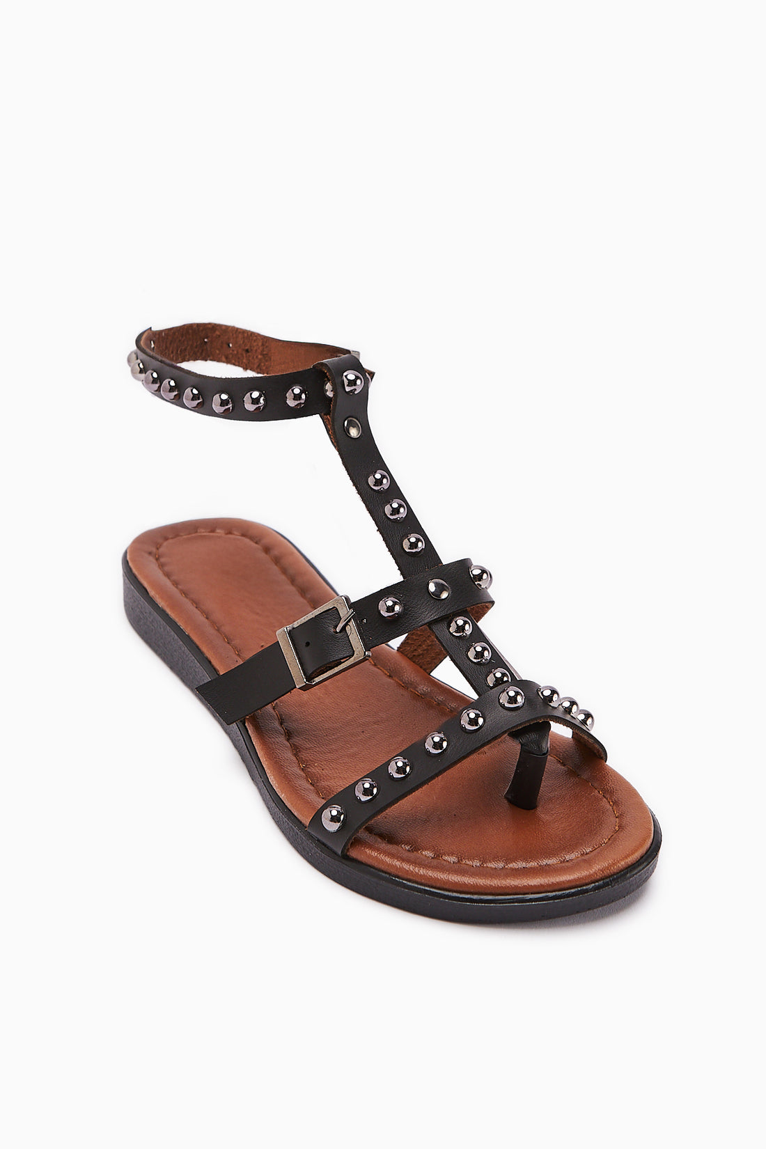 Echtes Leder Hivin Schwarz Metallperlen Detail Damen Sandale