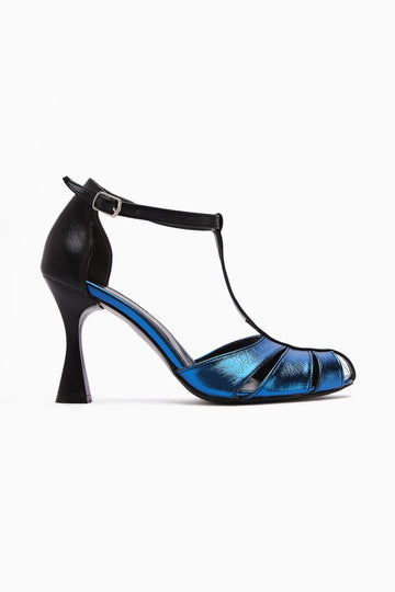 Mian Echtes Leder Blau Schnallen Detail Damen Absatzschuhe