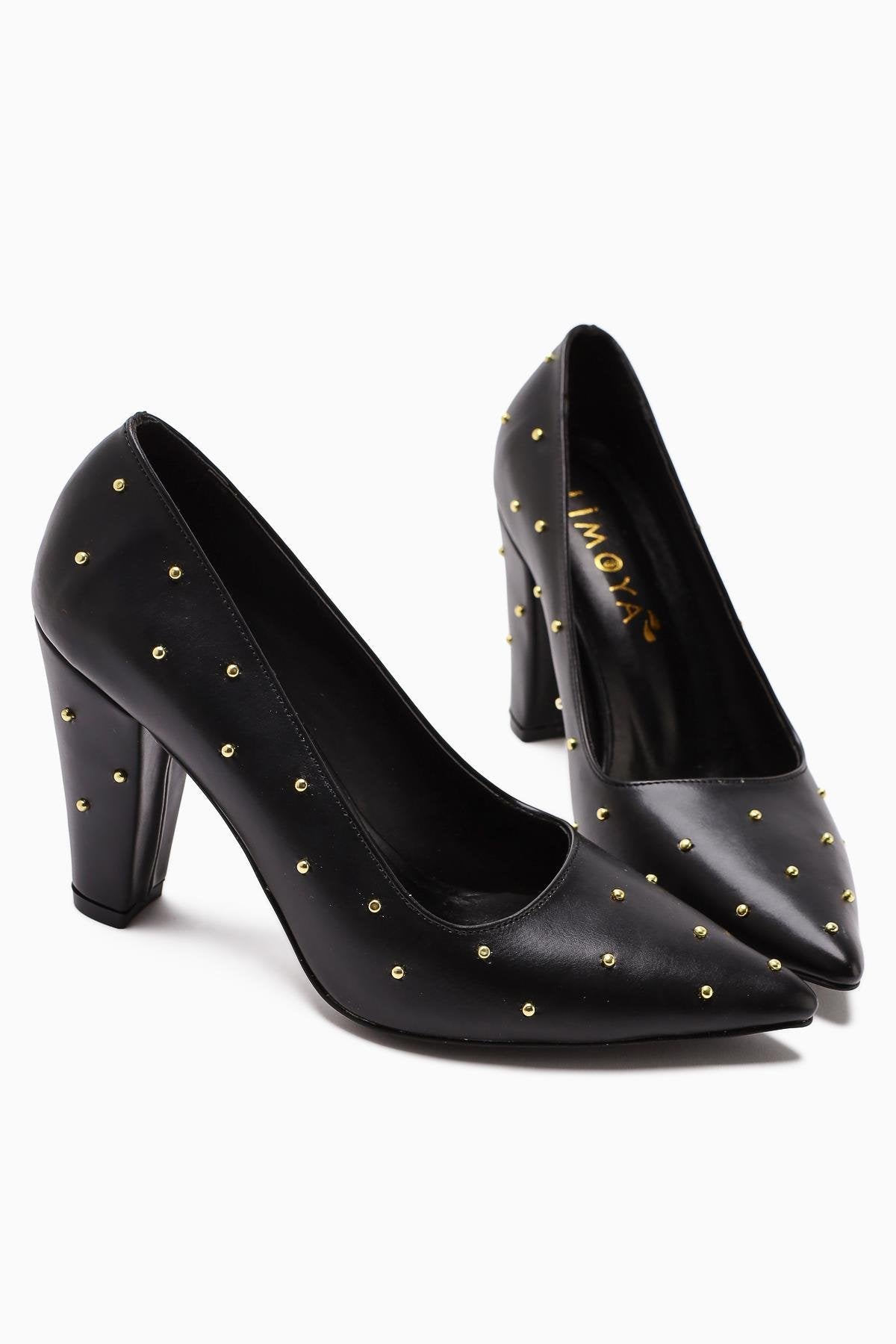Audrey Black Pointed Toe Studded Detailed Heeled Women's Shoes