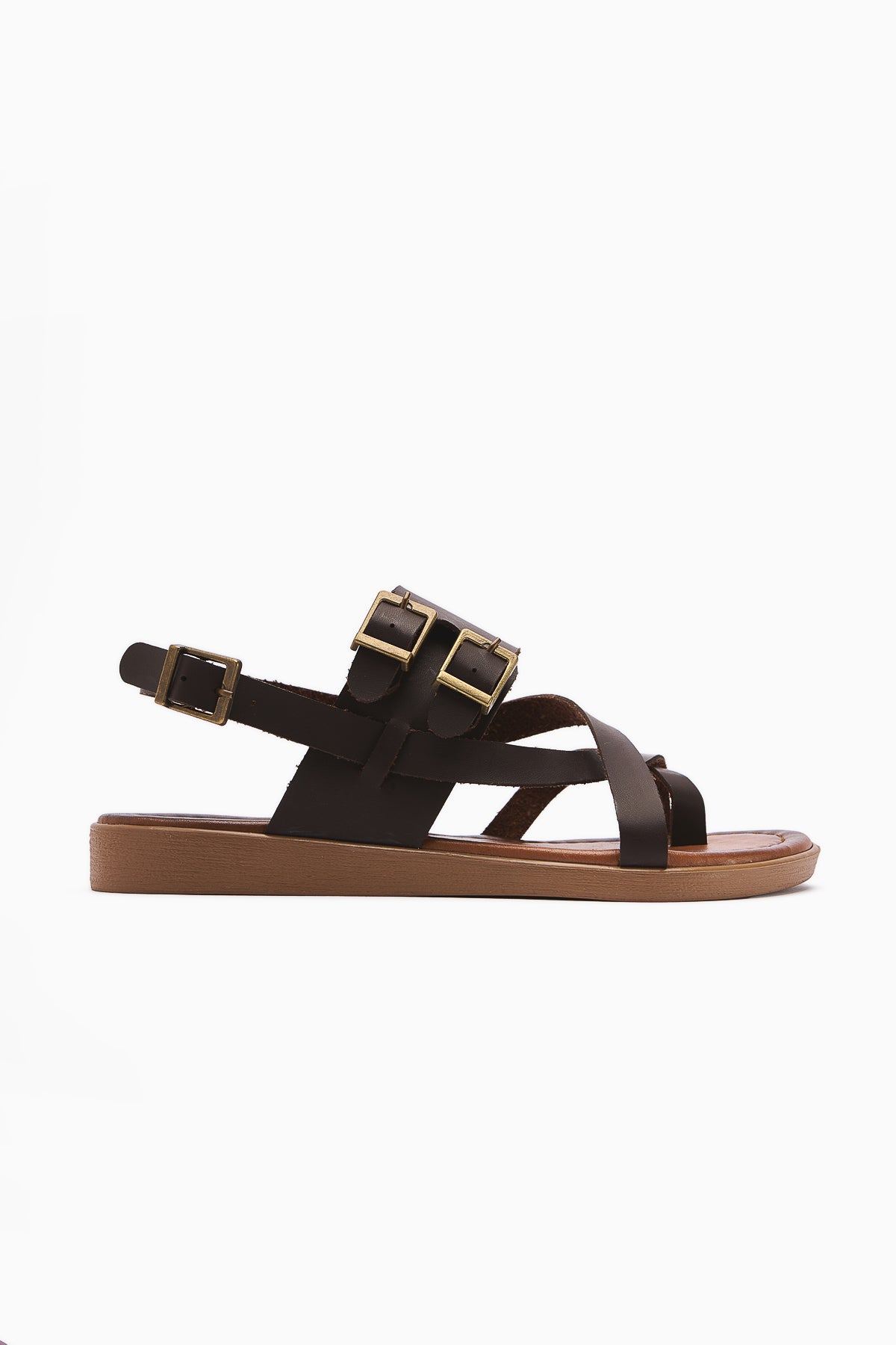 Genuine Leather Doraseos Buckle Detailed Brown Gladiator Sandals