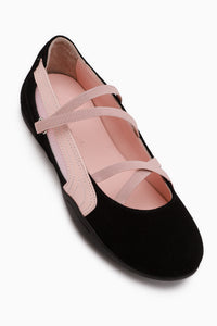 Mary Genuine Leather Black Suede Cross Elastic Band Women’s Ballet Flats