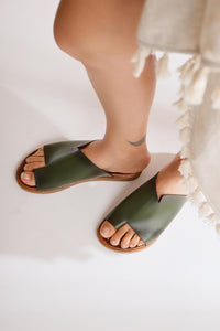 Genuine Leather Nita Khaki Asymmetric Cut Khaki Slippers