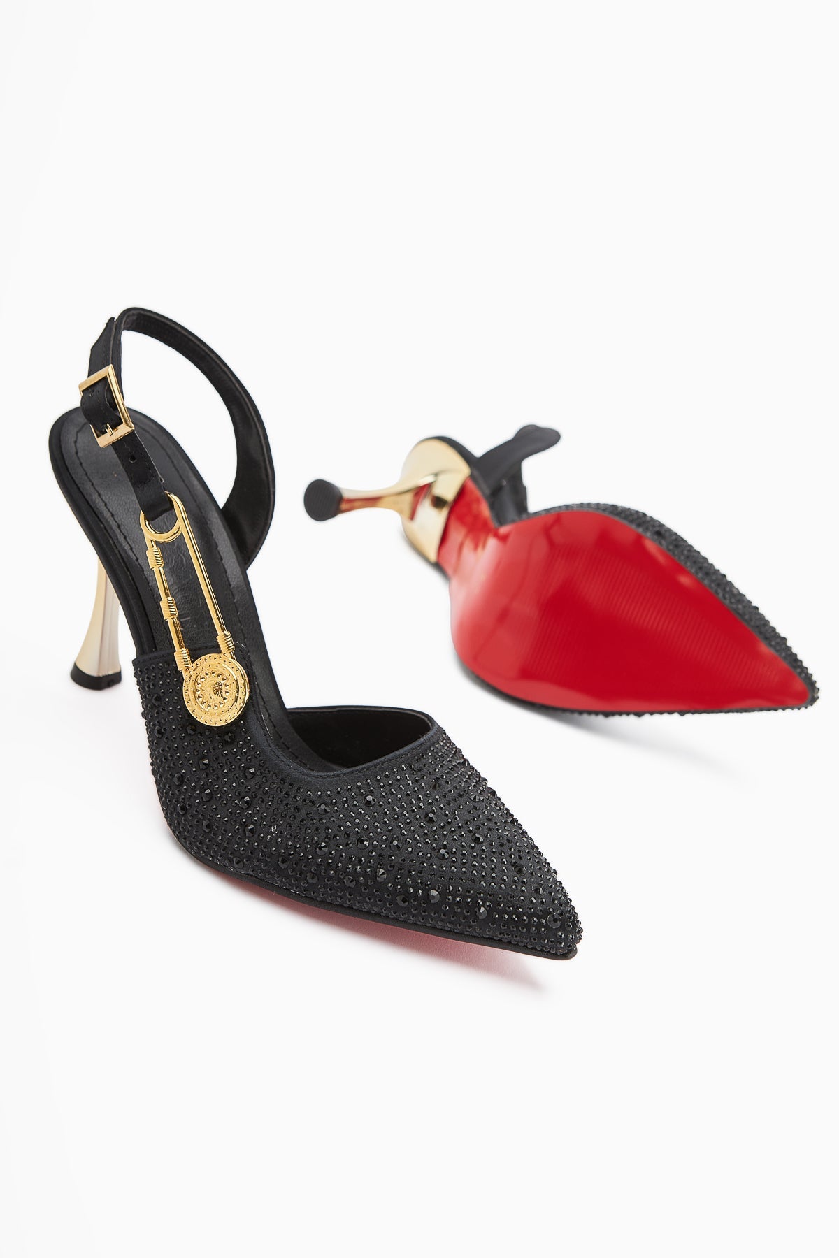 Denise Steinverzierte Schwarze Knöchelbindung Absatz Damenschuh