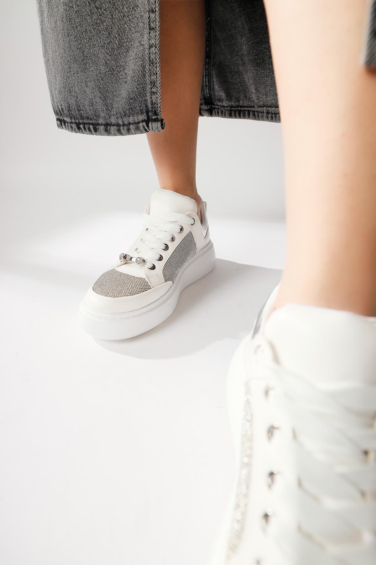 Sonnie White Thick Soled Stone Detail Sneakers