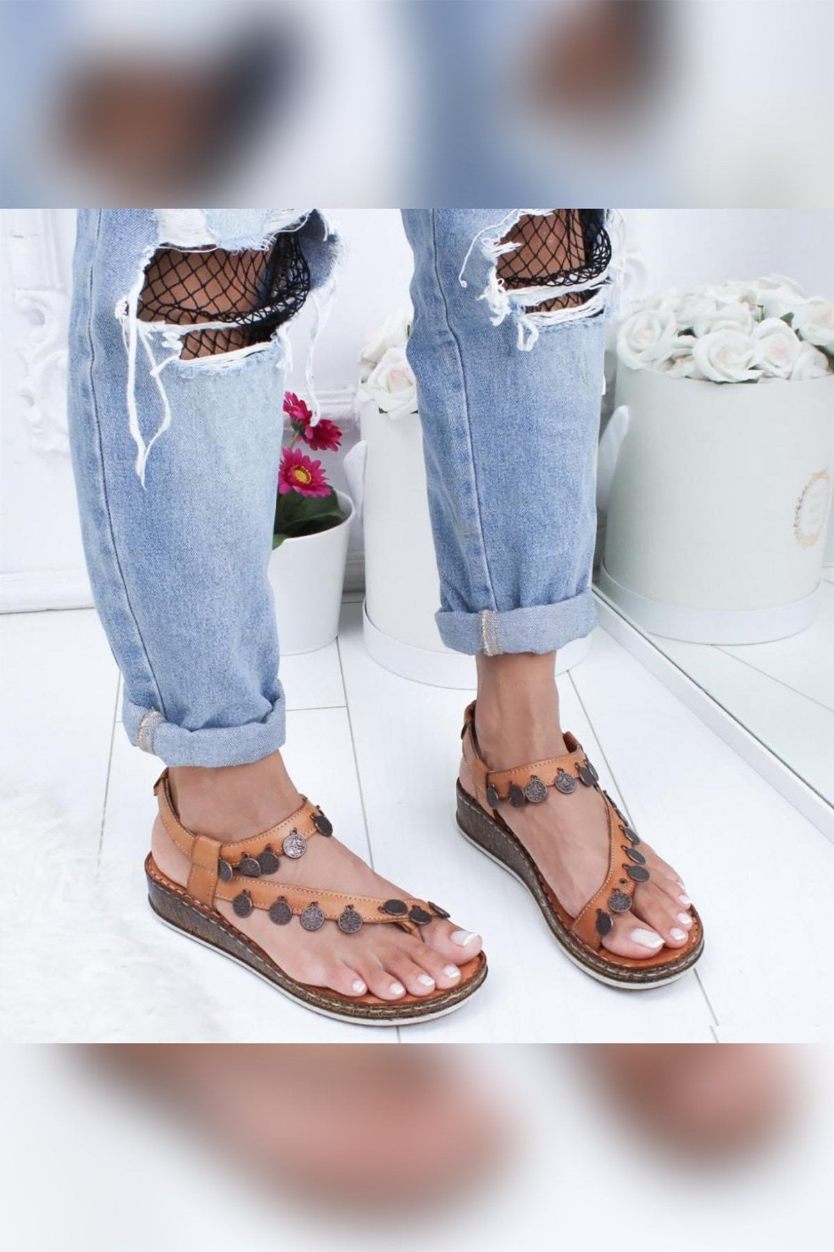Genuine Leather Lilac Tan Antique Detailed Sandals