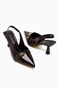 Camillas Brown Patent Leather Pointed Toe Buckle Detailed Women's High Heel Shoes
