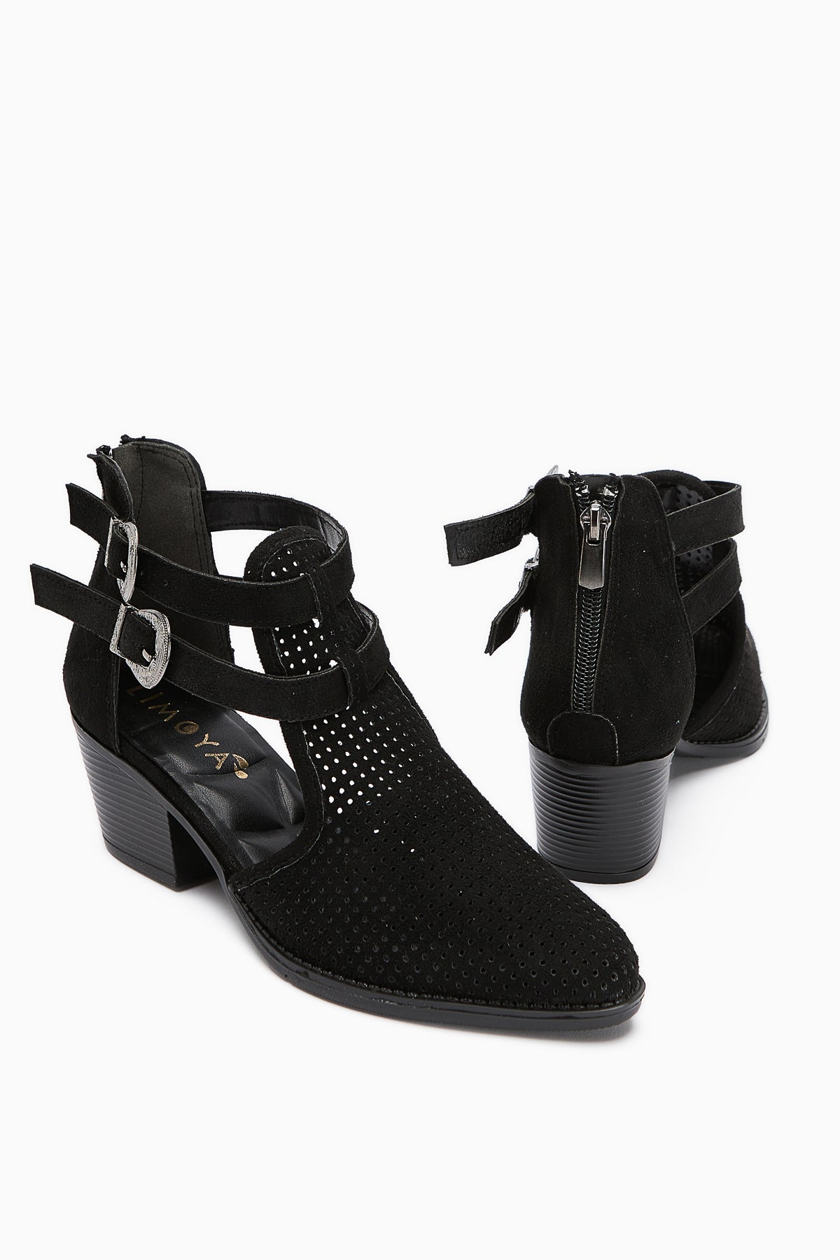 Carin – Black Suede Buckle-Detail Back-Zip Summer Boot (Women)