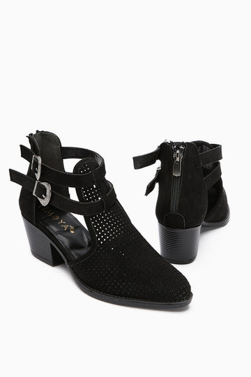 Carin – Black Suede Buckle-Detail Back-Zip Summer Boot (Women)