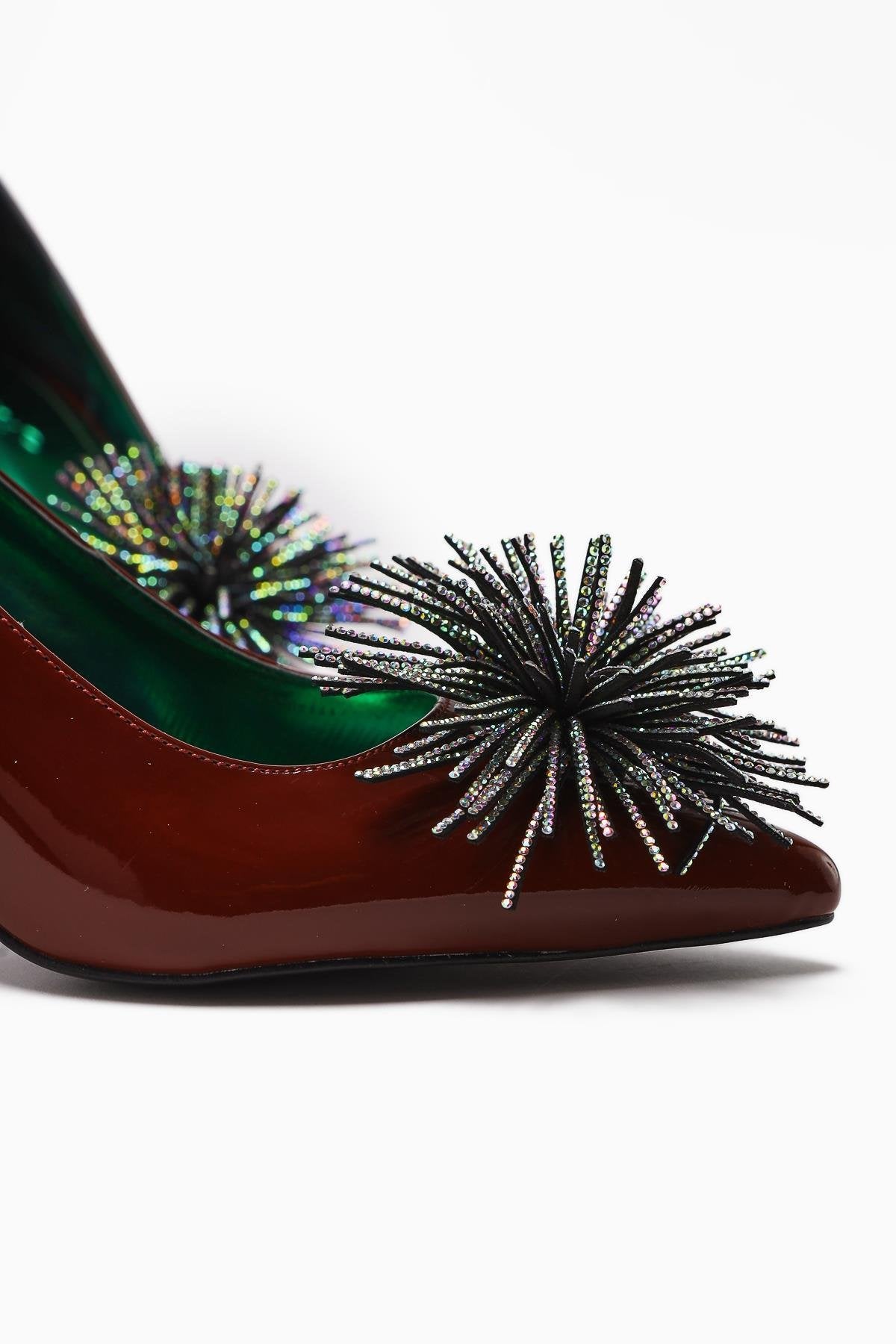 Choi Claret Red Patent Leather Pointed Toe Stone Tassel Detailed Heeled Women's Shoes