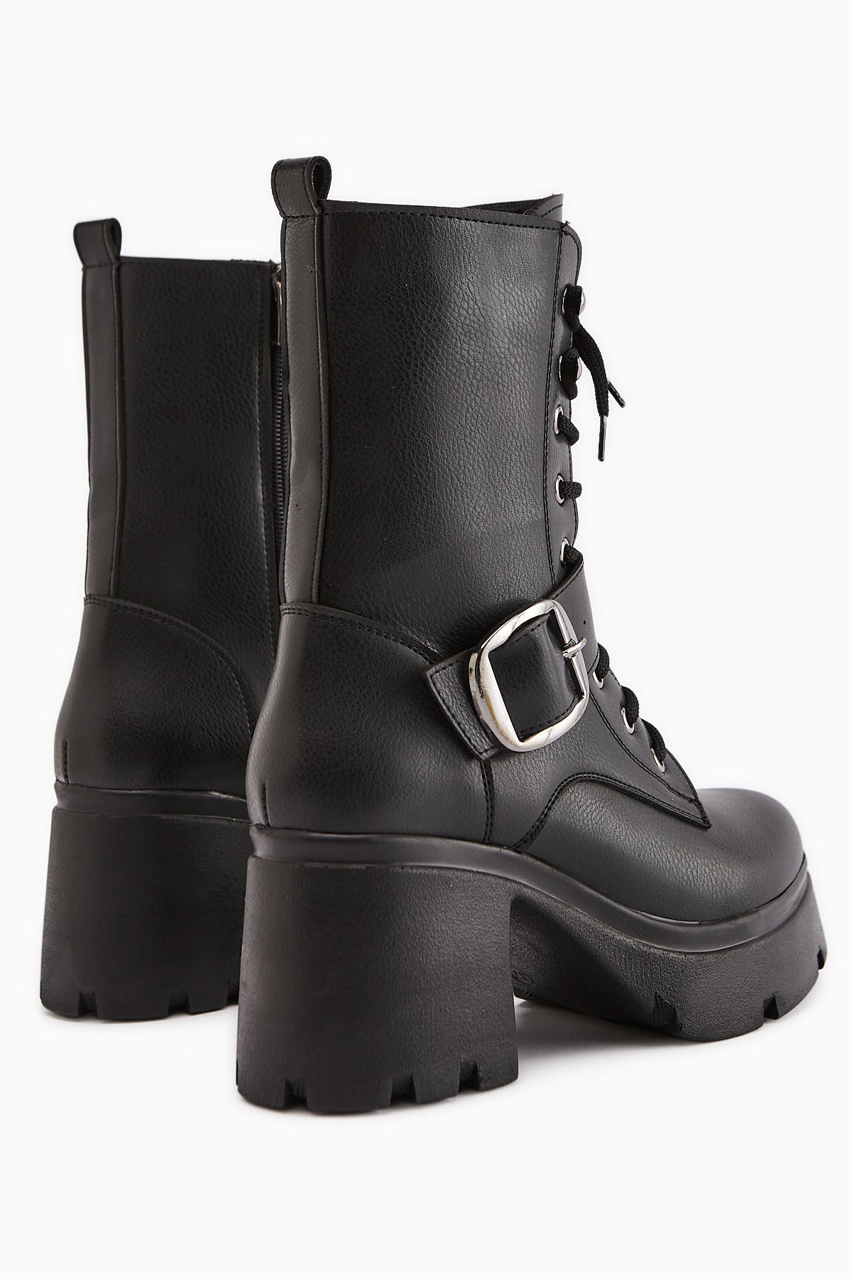 Caklin Women's Black Platform Heeled Boot with Belt Detail