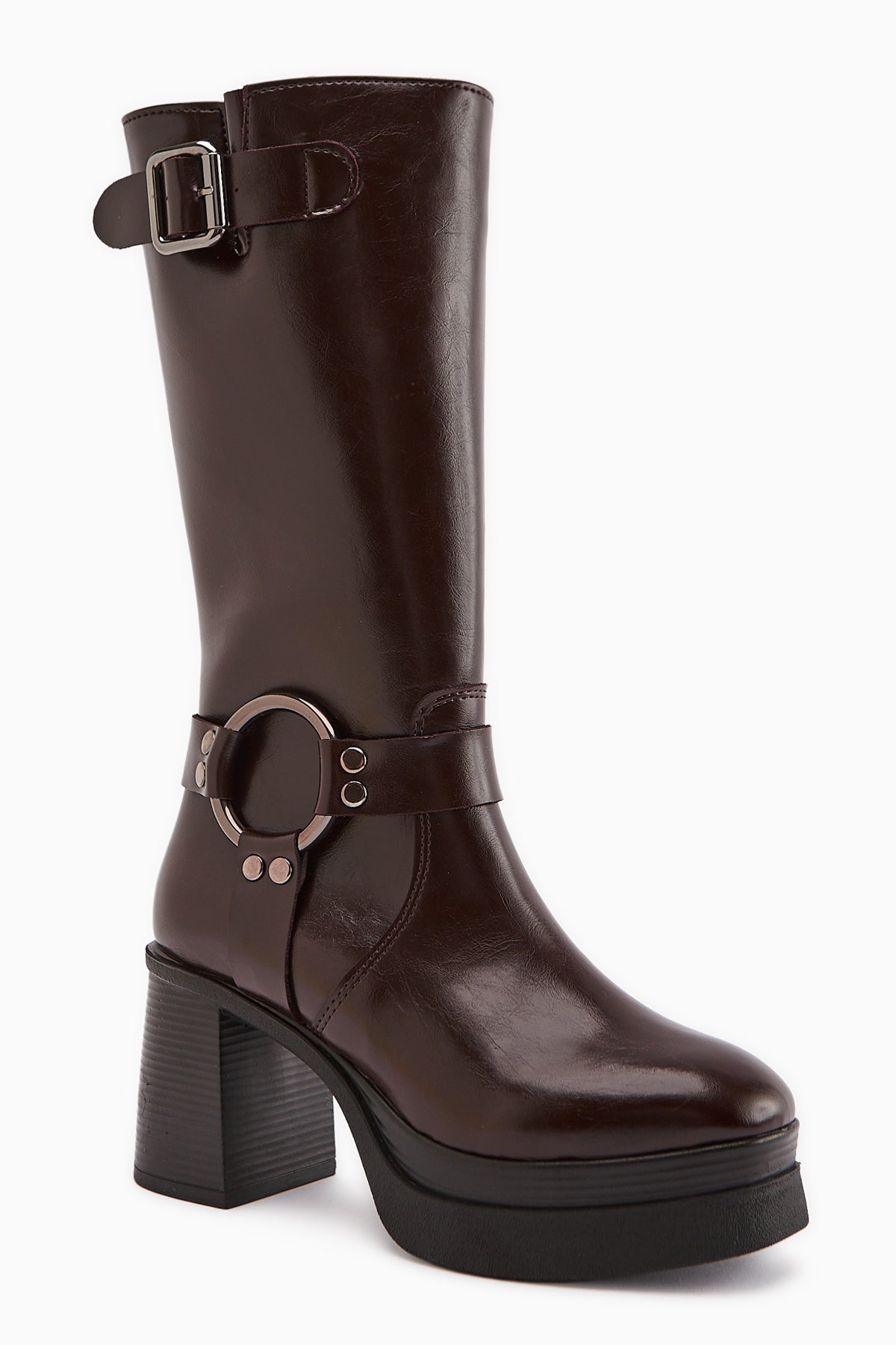 Beris – Burgunder kniehoher Stiefel mit Schnallen-Detail, Plateau und Absatz (Damen)