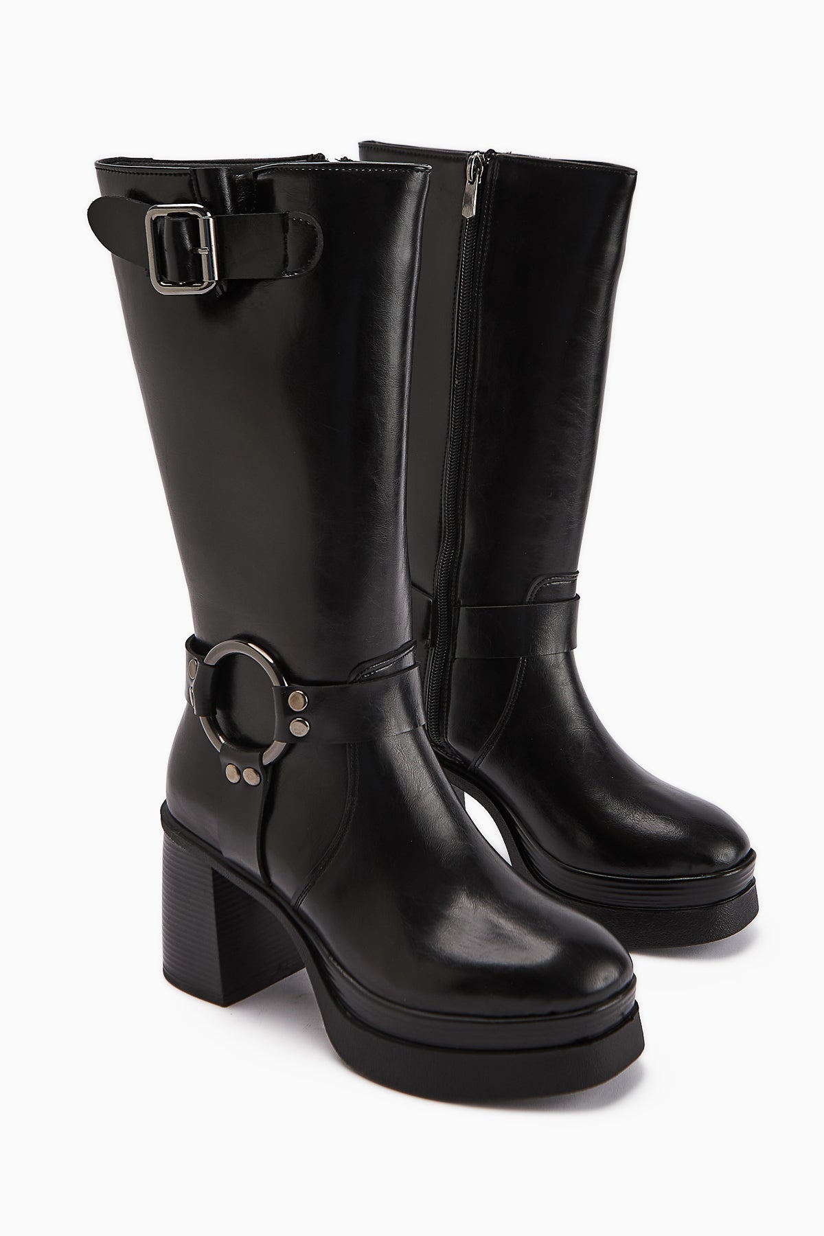 Beris Black Buckle Detail Platform High Heel Women's Boot