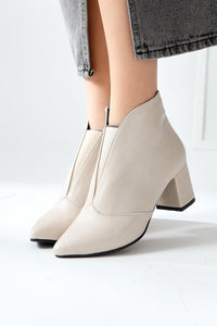 Maria Elena Beige Pointed Toe Zippered Heeled Boots