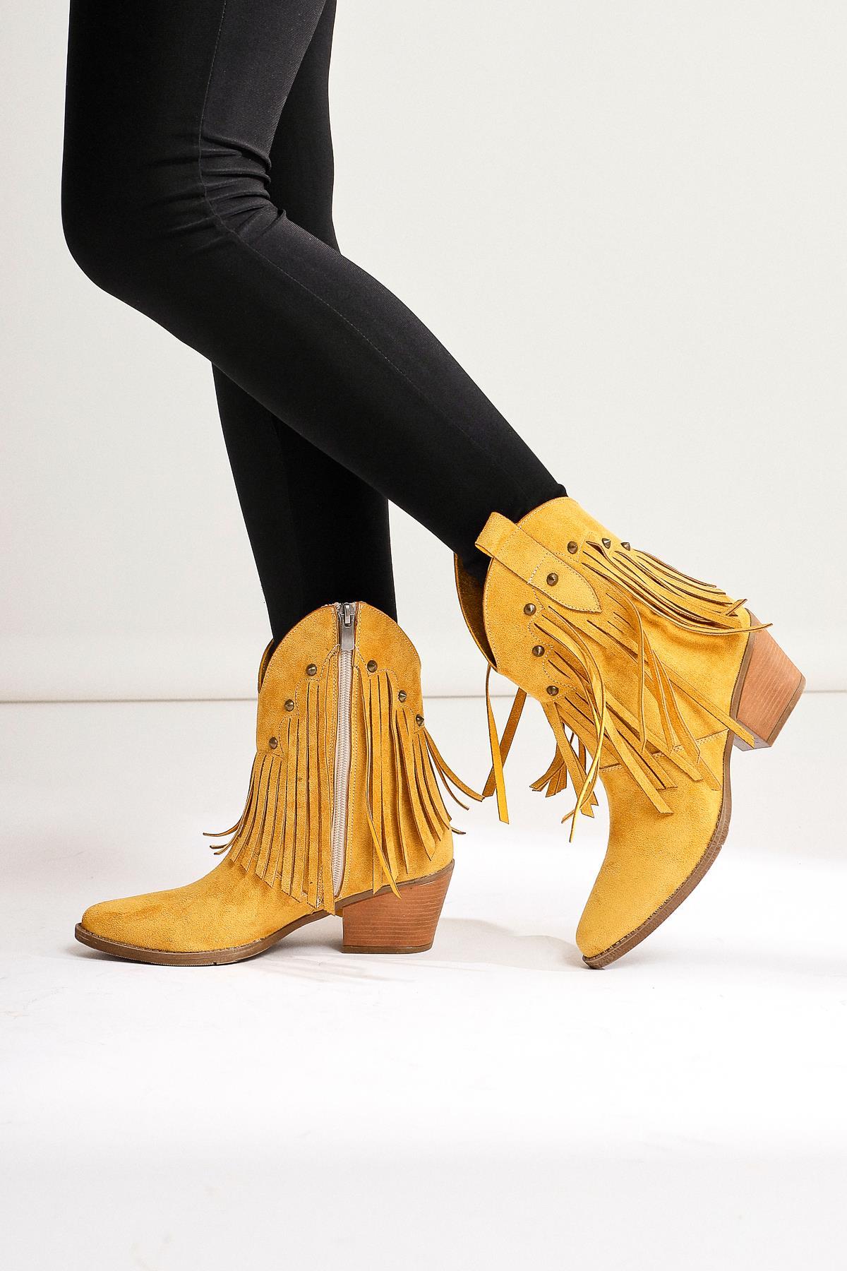 Lillebeth Yellow Suede Tassel Stud Detail Western Boots