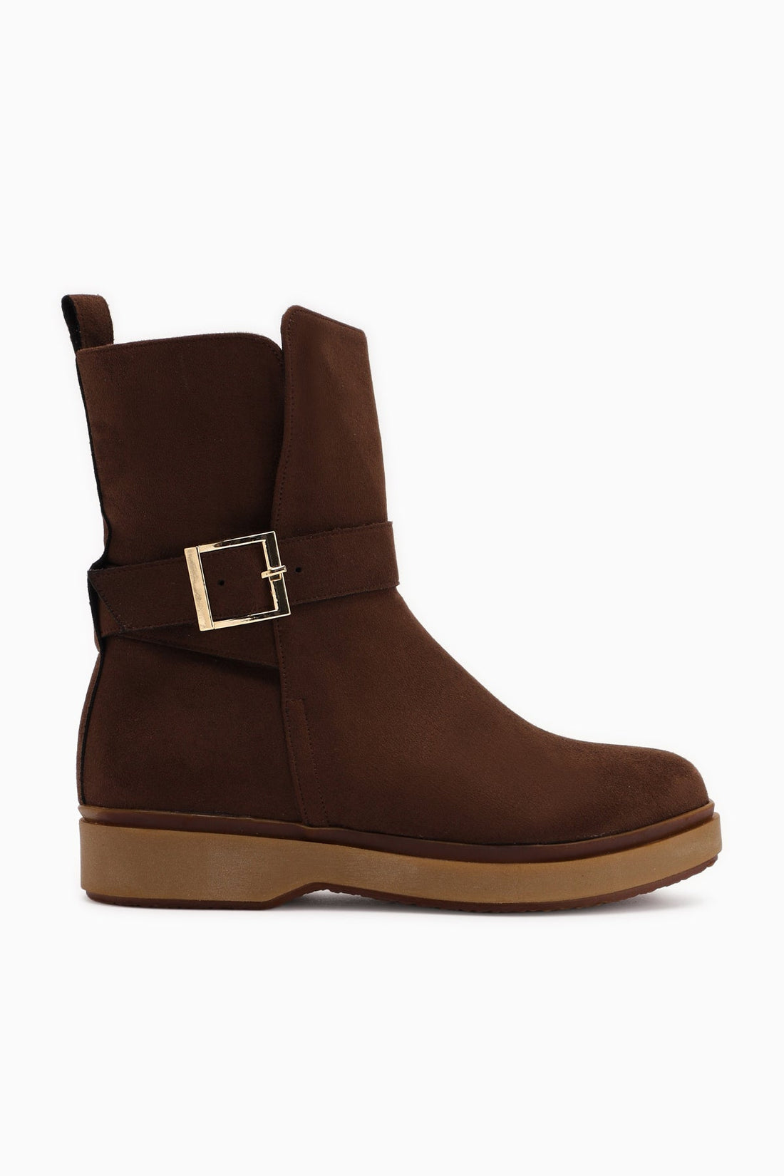 Behnoush Brown Suede Oval Toe Buckle Detail Boot