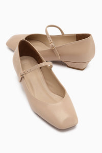 Yuphin Beige Low-Heeled Belted Women's High-Heeled Shoe