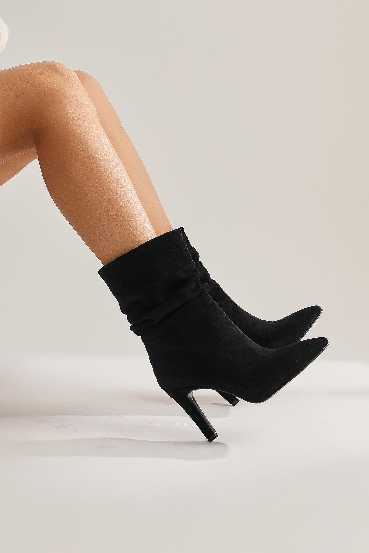 Wilma Black Suede Gusseted Thin Heel Boots