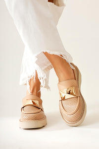 Khloe Nud Perforated Loafers with Buckle Detail