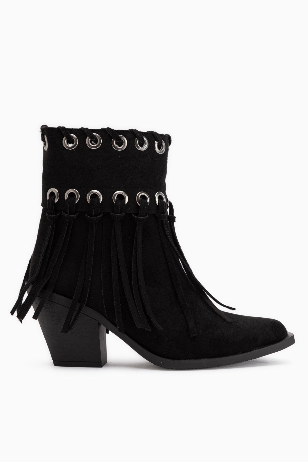 Nessa Schwarze Wildleder Fransen Dicke Absatz Damen Cowboy Stiefel
