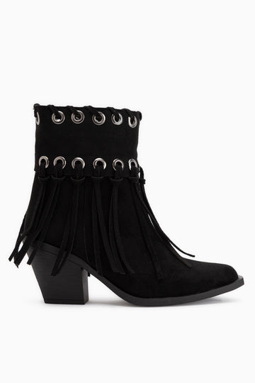 Nessa Schwarze Wildleder Fransen Dicke Absatz Damen Cowboy Stiefel