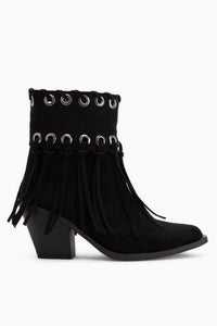 Nessa Schwarze Wildleder Fransen Dicke Absatz Damen Cowboy Stiefel