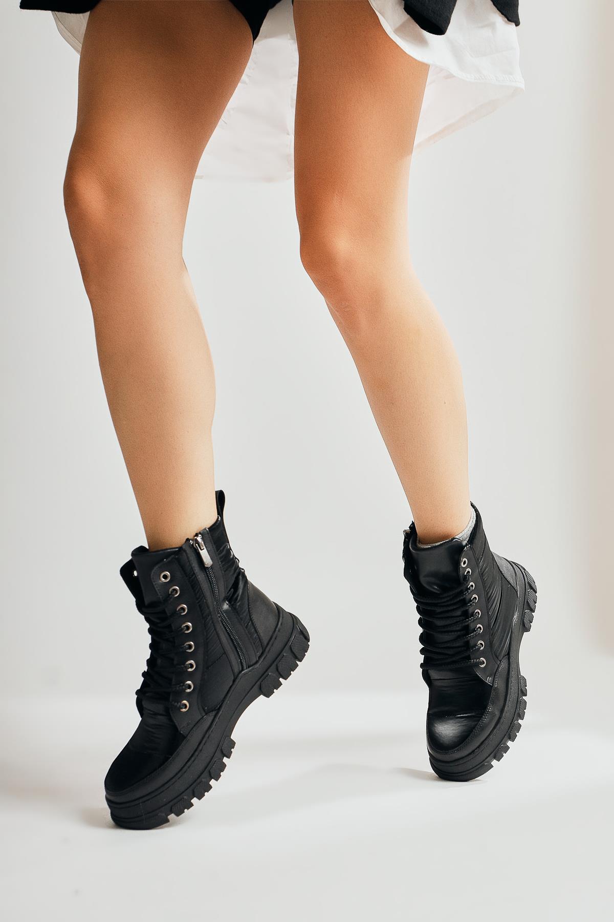 Meredith Black Fluorescent Fabric Detailed Lace-Up Boots