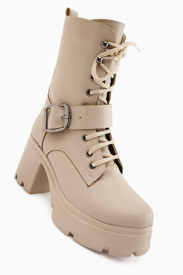 Caklin Women's Beige Platform Heeled Boot with Belt Detail