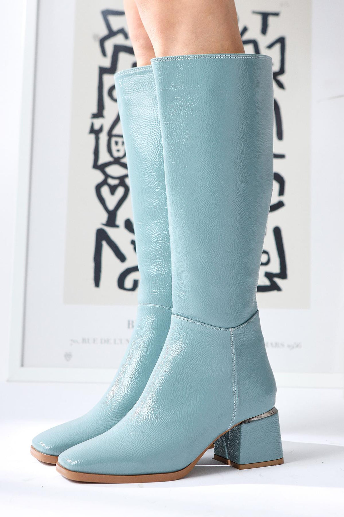 Miami – Blau Knitter-Lack kniehoher Stiefel mit stumpfer Zehenpartie (Damen)