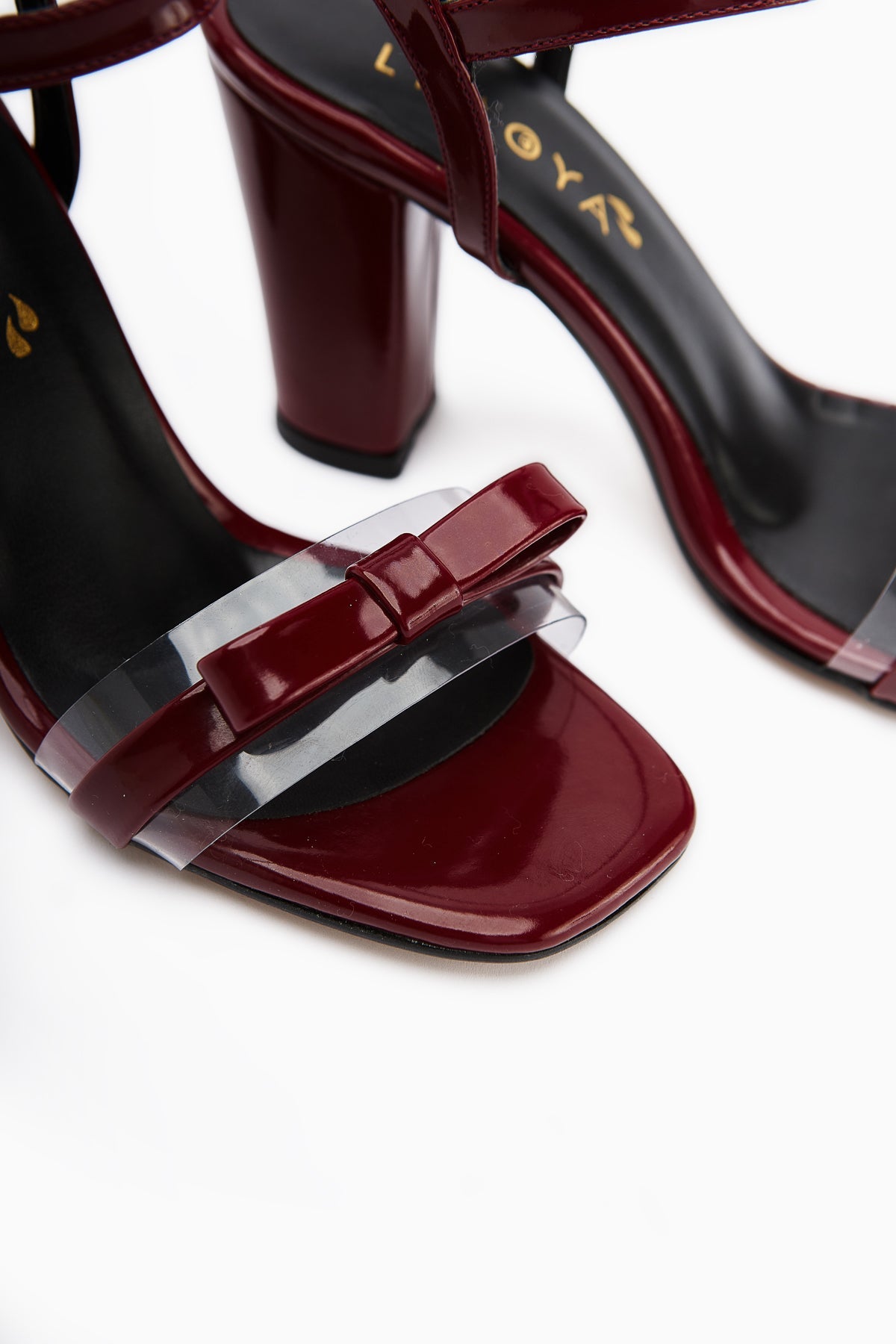 Joyce Maroon Lackleder Dicke Absatz Knöchel-Bindung Schleife Damen Sandalen