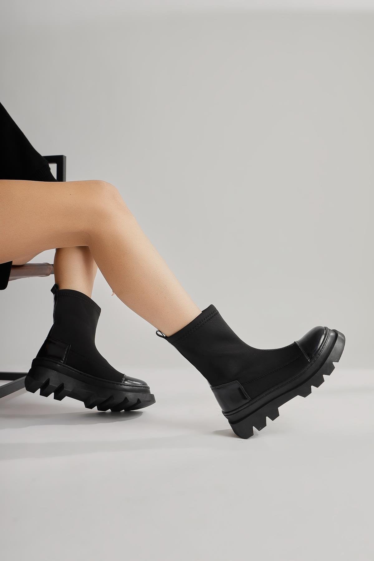 Ayman Black Diving Fabric Patent Leather Detailed Boots