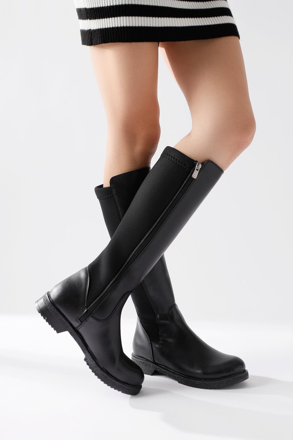 Benedikta – Black Oval-Toe Neoprene Fabric-Detail Knee-High Boot (Women)