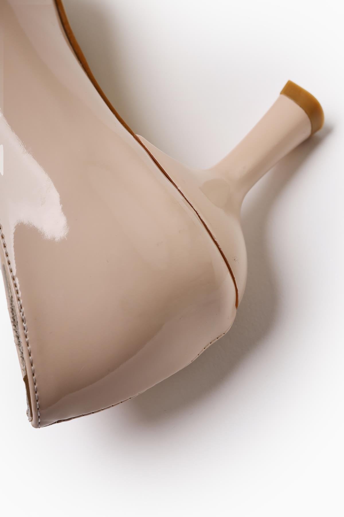 Carla Beige Patent Leather Pointed Toe Buckle Detailed Heeled Women's Shoes