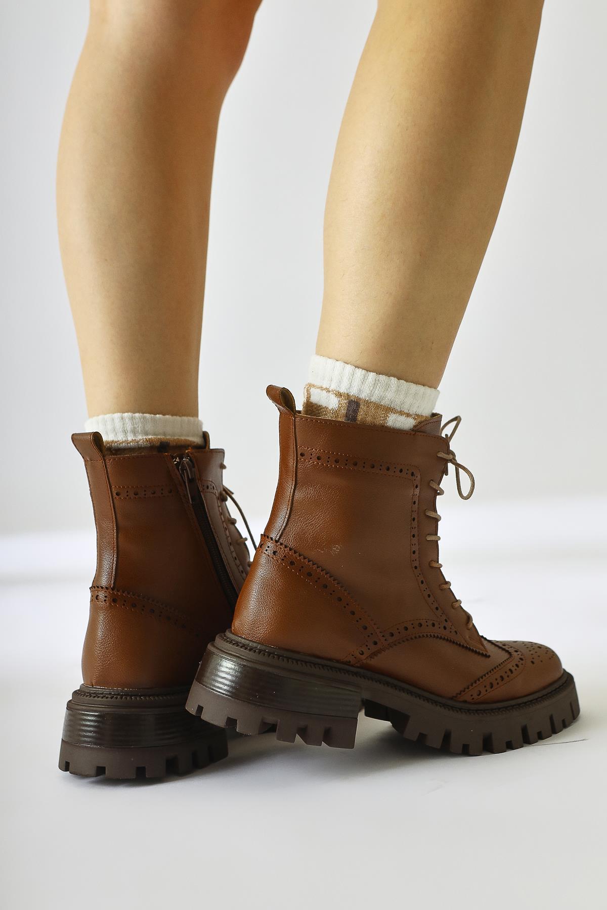 Morgan – Cognac Laser-Cut Detail Lace-Up Combat Boot (Women)