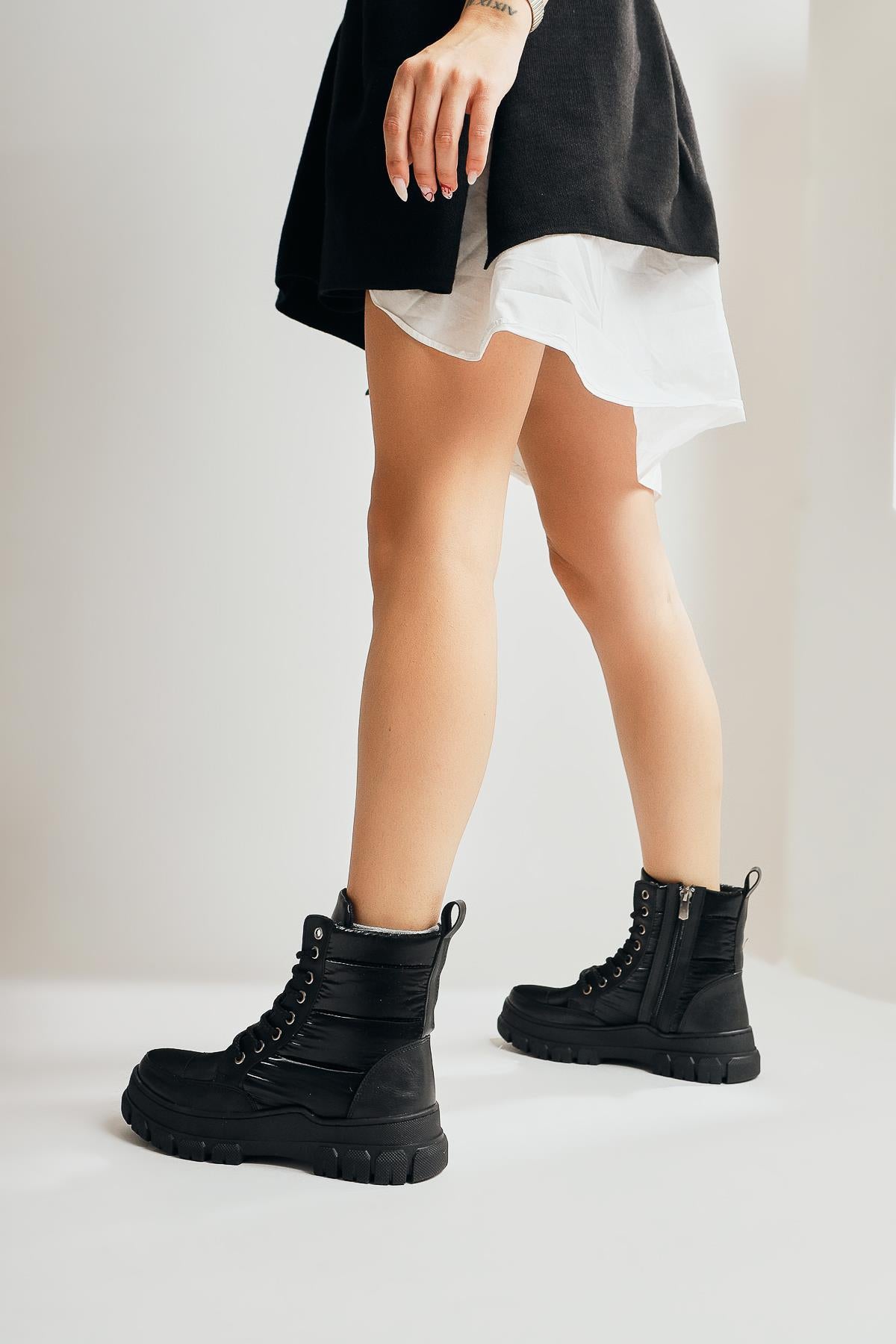 Meredith Black Fluorescent Fabric Detailed Lace-Up Boots