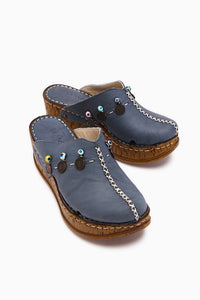 Echtes Leder Annika Navy Antik Detail Damen Pantoletten