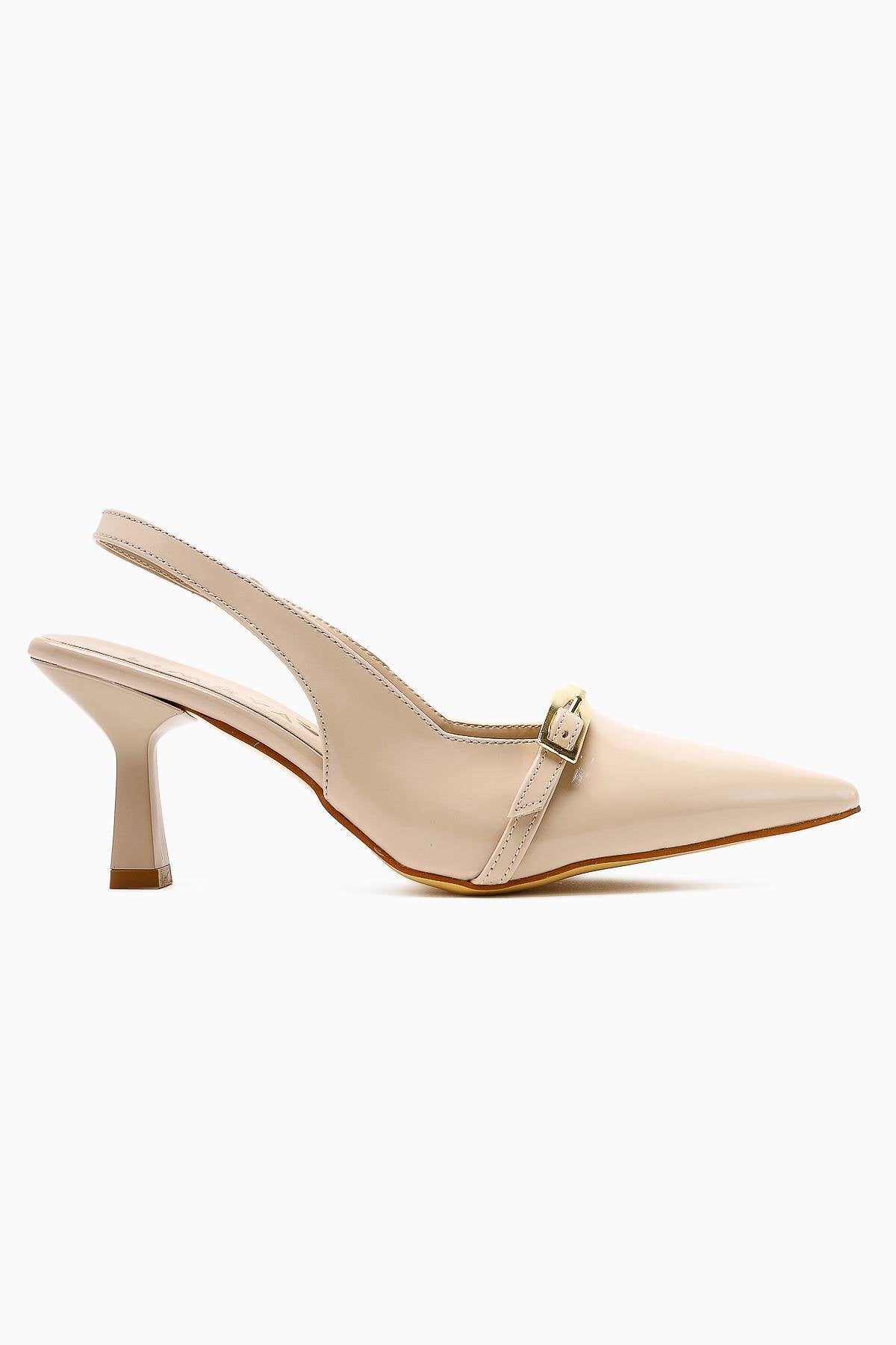 Camillas Beige Patent Leather Pointed Toe Buckle Detailed Women's High Heel Shoes