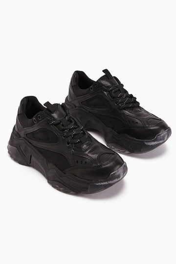 Erla Black Thick Soled Lace-Up Women's Sneakers