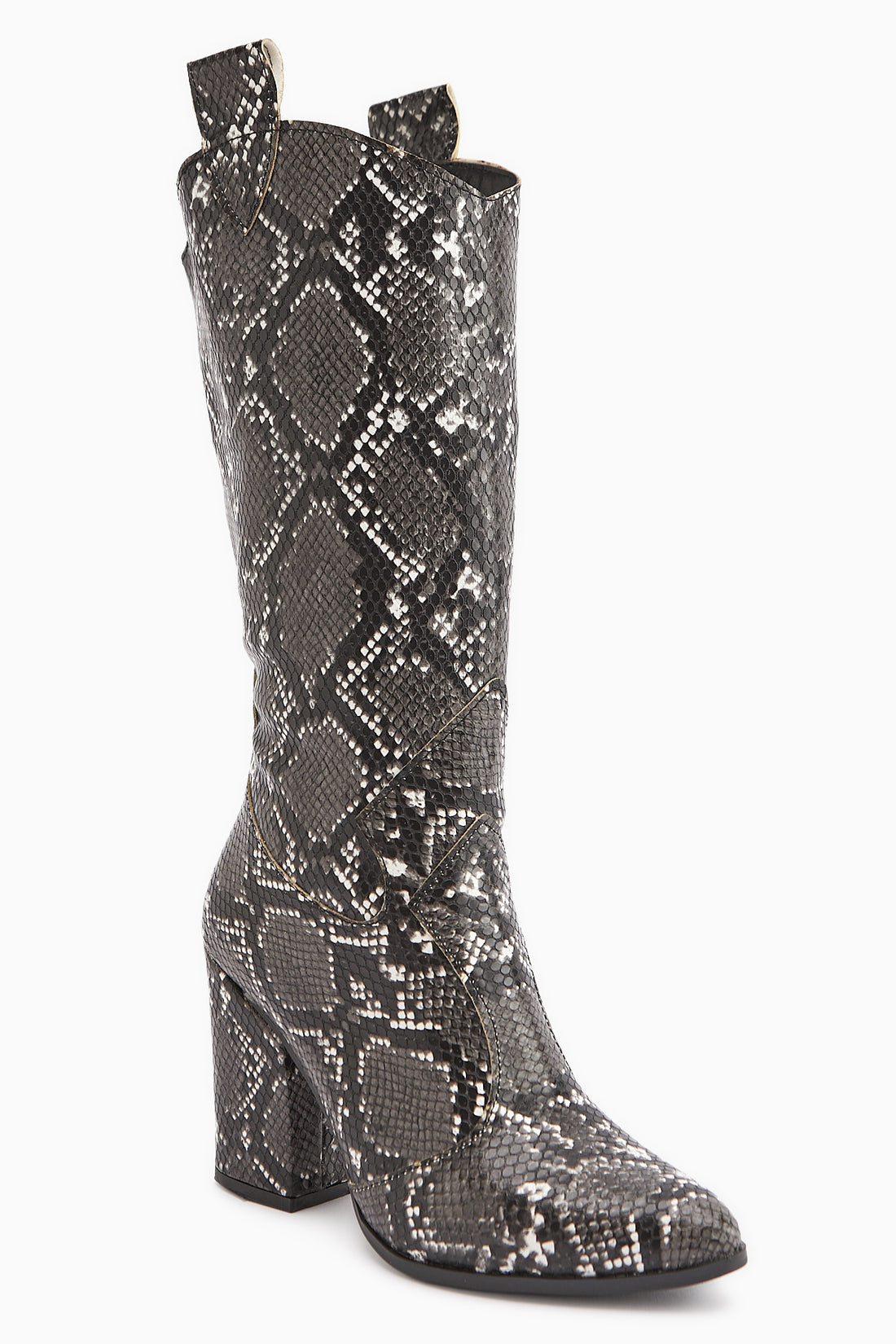 Keri Schwarz Schlangenmuster Asymmetrischer Schnitt Damen Kurz Absatzstiefel
