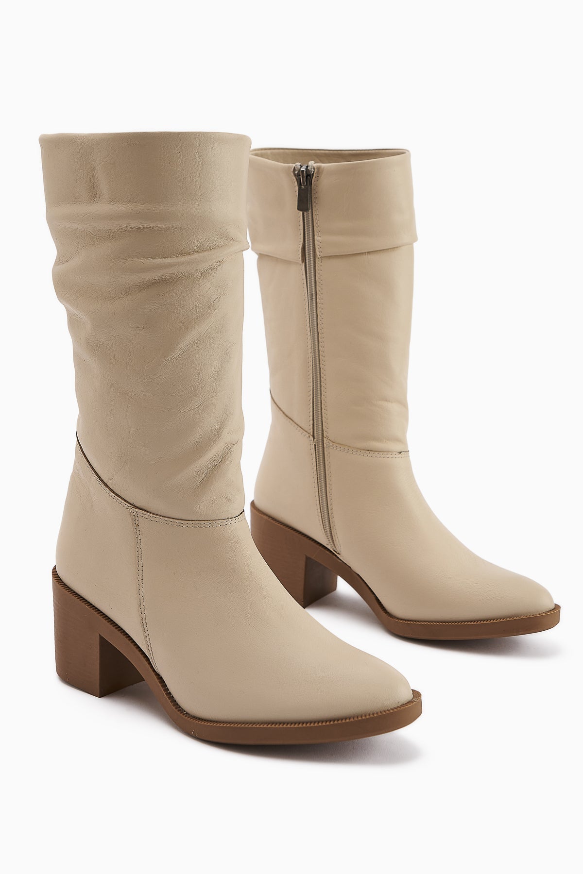Sahara Genuine Leather Beige Pleated Zipper Women's Boot
