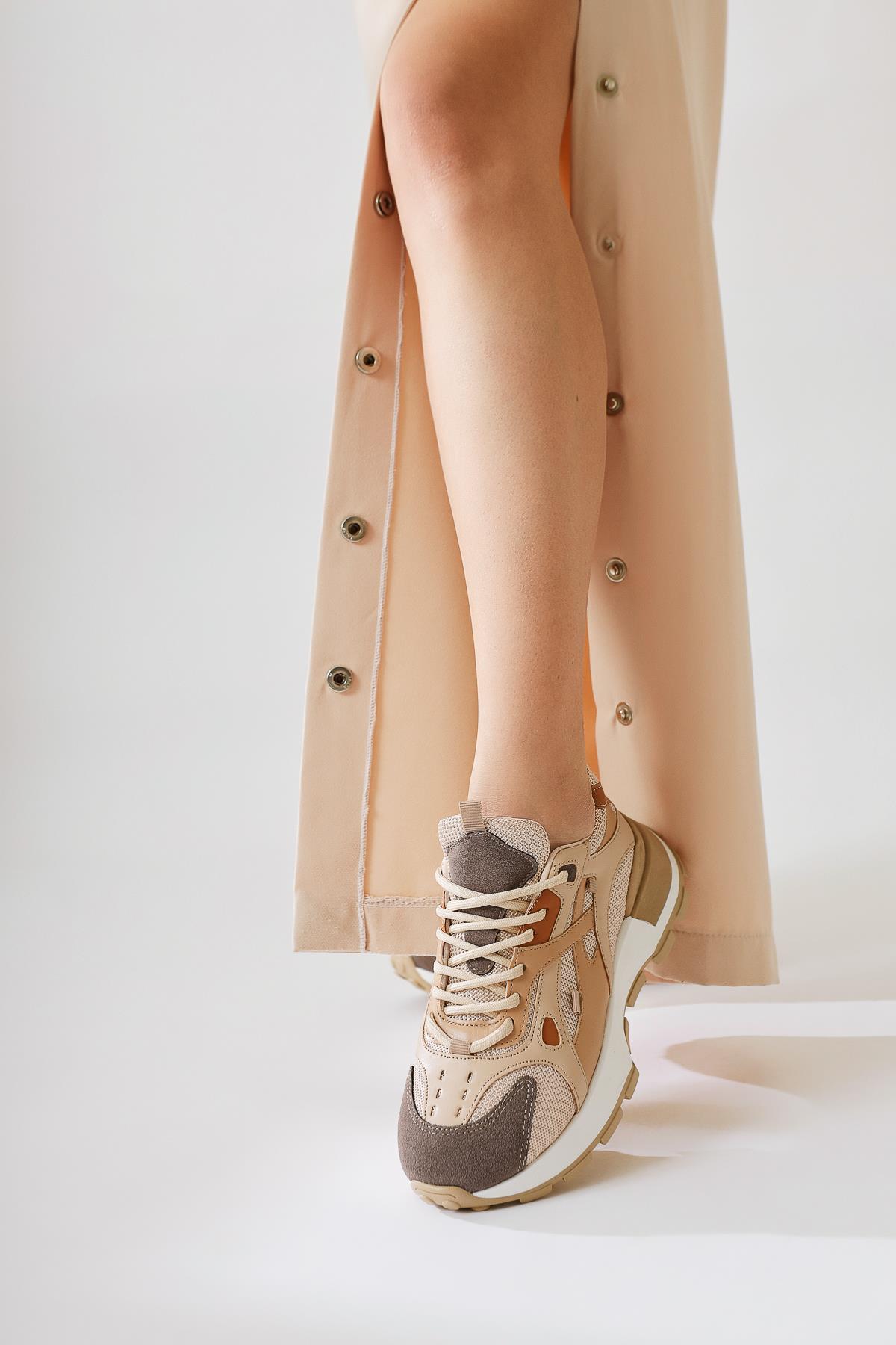 Siska Beige-Brown Lace-Up High Sole Sneakers