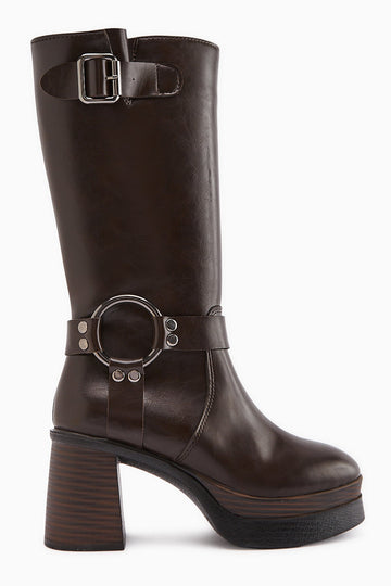 Beris Coffee Buckle Detailed Platform Heeled Women's Boot