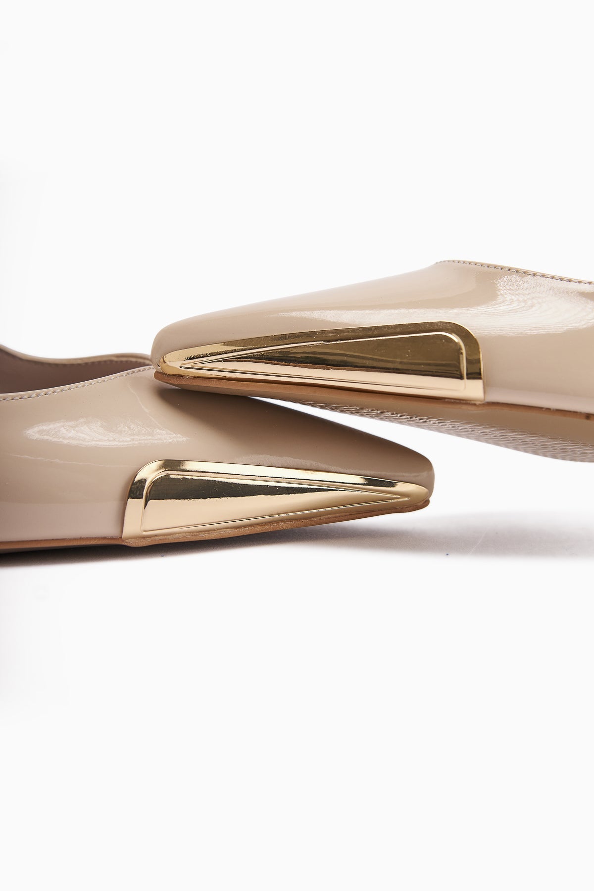 Lula Beige Patent Leather Metal Buckled Pointed Toe Women's Heels