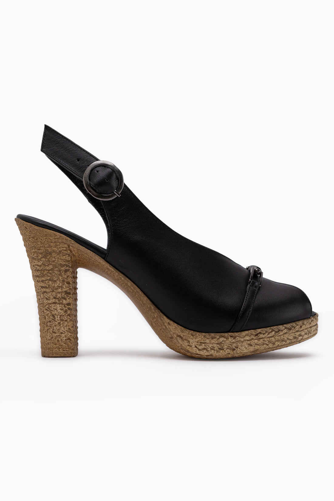 Bernis Genuine Leather Black Buckled Platform Heeled Shoes